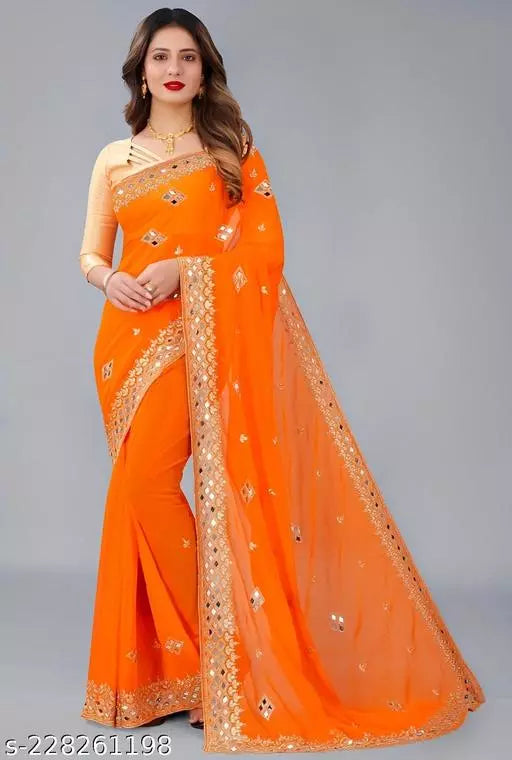 HEAVY KAJU DESIGN EMBROIDERY WORK WITH MIRROR SAREE BY KRADDLE
