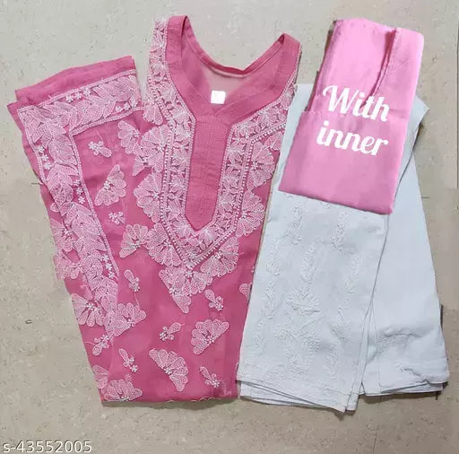 Handwork Chikankari Butterfly Chiffon kurti set+pant+inner.pink