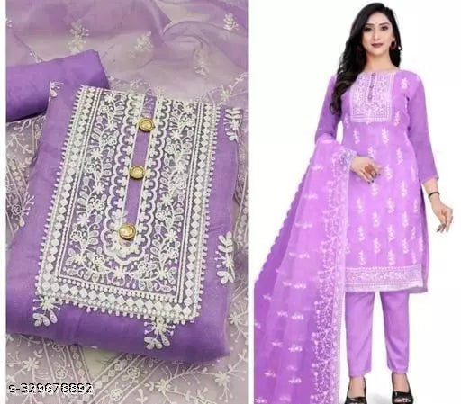 Women's Designer Chainstich Embroidered Multiwork Double Sequence Lavendar Rama Floral Embroidered Organza Suits & Dress Materials