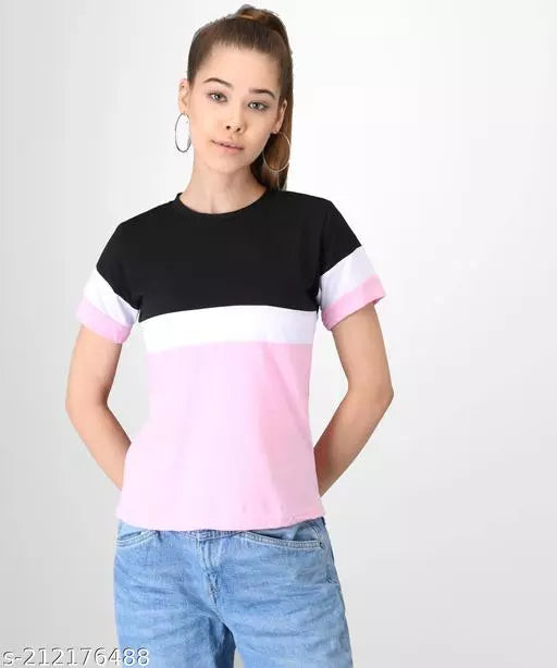 Vivient Women Black White Pink Colorblocked Tshirt
