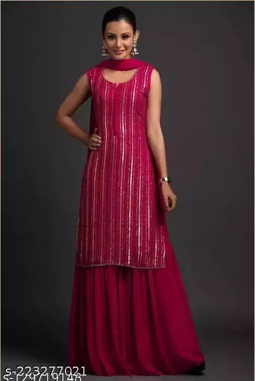 Women Faux Georgette With Embrodery Seqance Work Kurta With Sharara And Dupatta Stiched