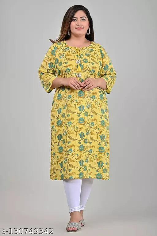 Women Plus Size Printed Pure Cotton Plus Size Straight Kurta (Yellow)