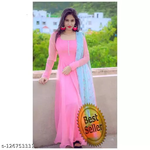 Comfy Women Light Pink Colored Anarkali Gown And Contrast Dupatta
