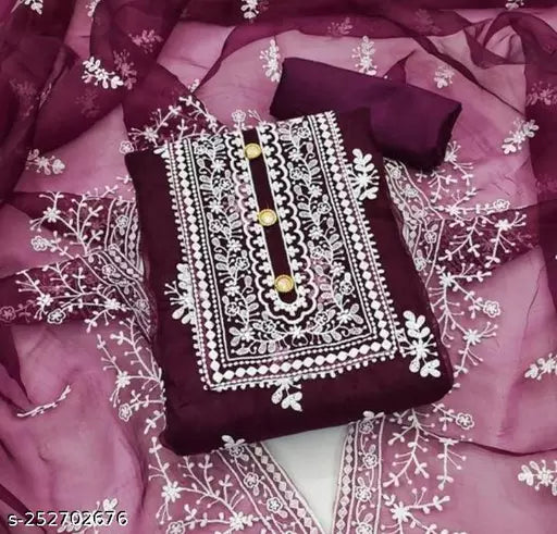 FANCY UNSTICHED ORGANZA SILK BARFI WITH EMBROIDERED DOUBLE MULTI WORK DRESS MATERIAL SUIT FOR WOMEN