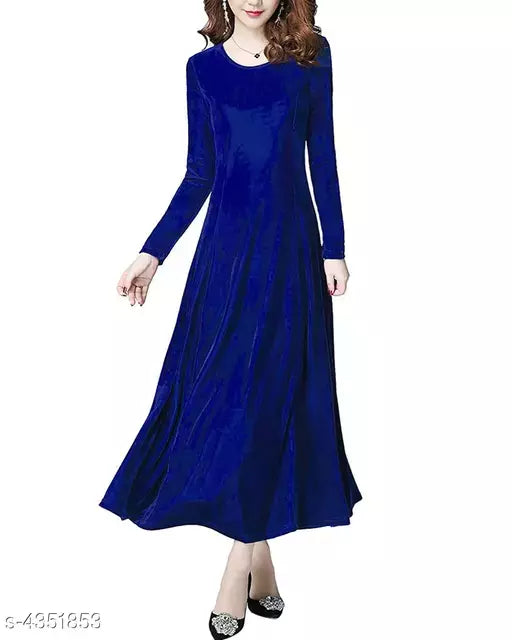 Solid Blue Calf-Length Velvet Dress