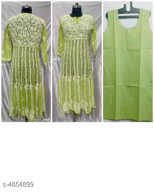 Handwork Chikankari Chiffon Anarkali kurti With Inner.