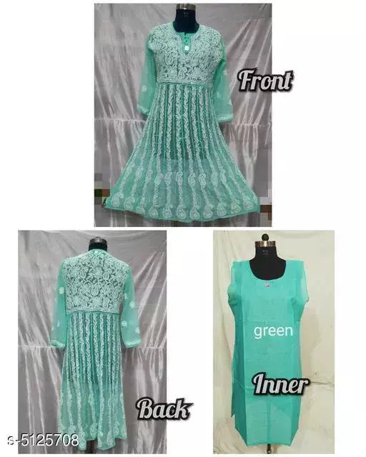 Handwork Chaikankari Chiffon Anarkali Kurti &with inner.