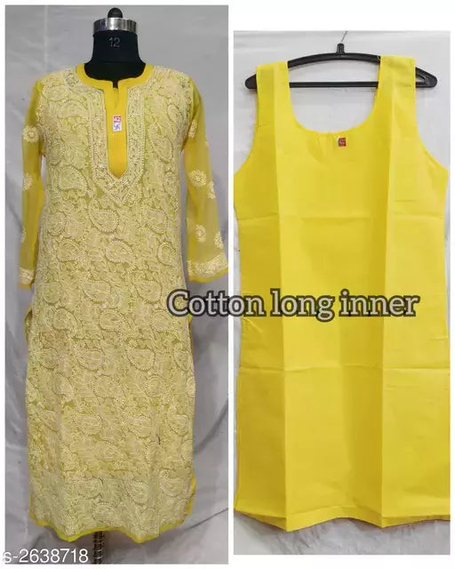 Women Chiffon A-line Chikankari Yellow Kurti