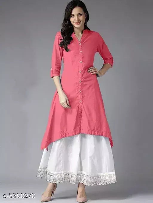Women Cotton C-Cut Solid Long Kurti With Palazzos