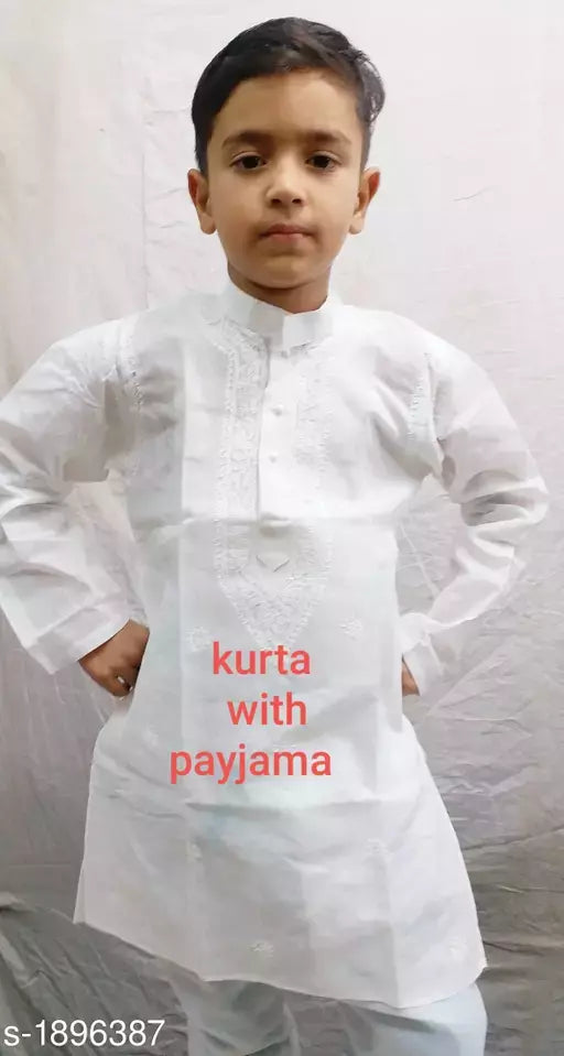 Embroidered Chikankari Kids Boy's Kurta Pyjama Set.