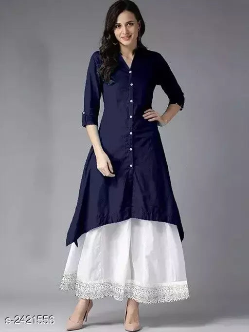 Women Cotton C-Cut Solid Long Kurti With Palazzos