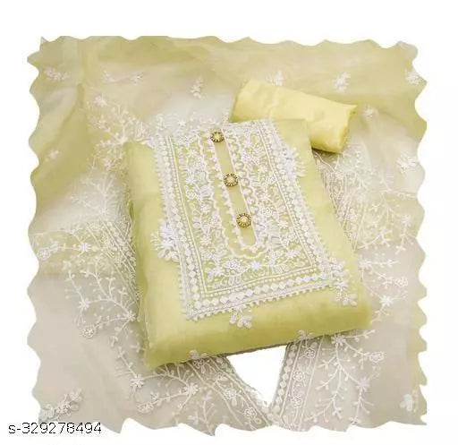 Women's Yellow Floral Embroidered Organza Suits & Dress Materials