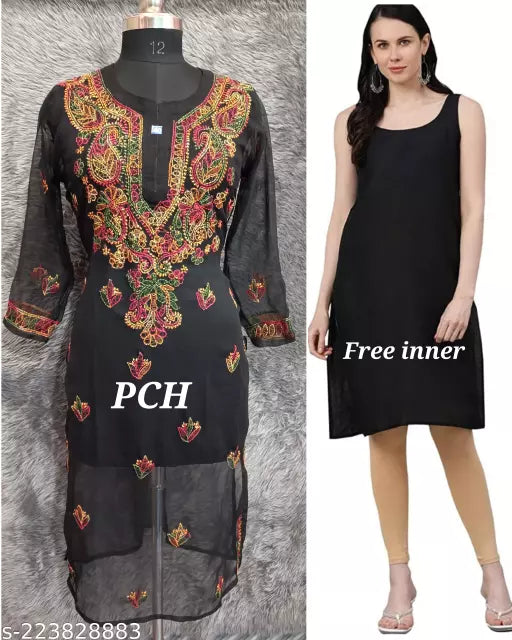 Fancy Chikankari Embroidered Hand Work Chiffon Long Gala Booti With inner.