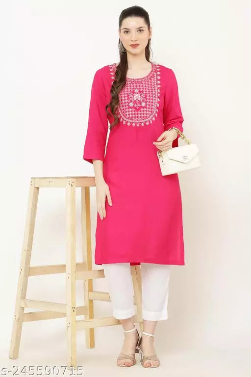 Vivient Women Dark Pink Embroidered Kurti with White Pant