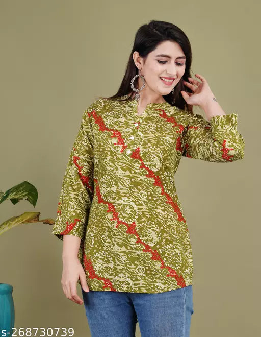 Stylish Designer Women Tops & Tunics oliva Green gold print