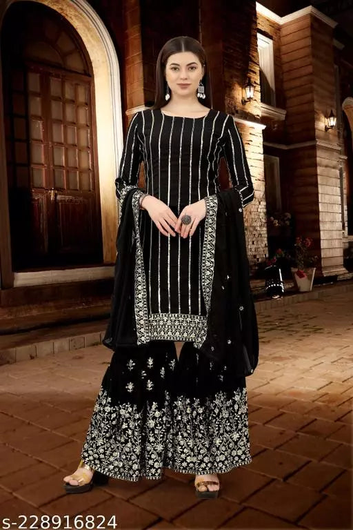 New Look Fox Georgette With Embrodery Work Sharara Top With Dupatta Semistiched