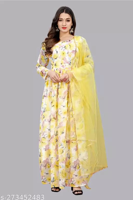 QVAZOR Stylish Fancy Trendy Printed Georgette Gown For Women For Party Wedding Festival Functions