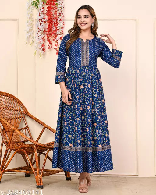 Shree fashion's Rayon Anarkali Printed Tblue Kurti for women