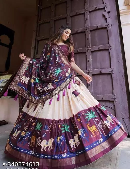 Elegant Pink and Cream Purple Printed Lehenga Choli with Dupatta - Foil Print & Gotta Patti Patola - Part of Gujarati Collection - Ethnic Attire