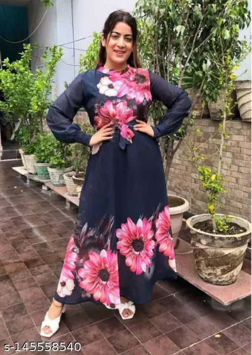 Floral Printed Full Sleeves Multicolor Dress For Women Dresses