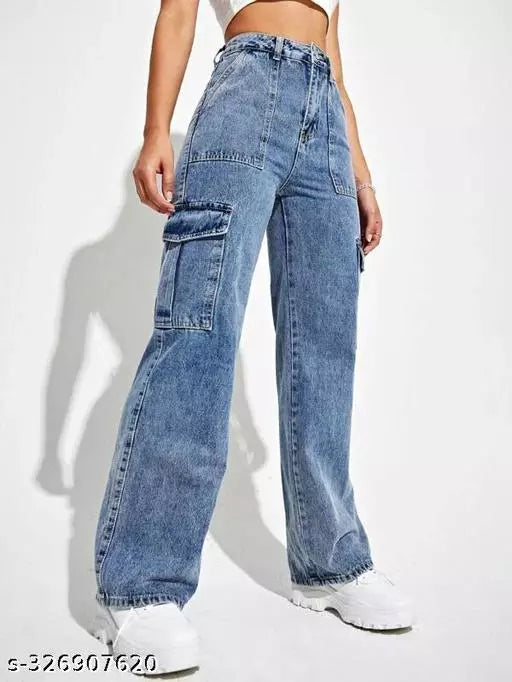 WOMEN LATEST CARGO TROUSERS | SOLID HIGH-RISE CARGO JEANS | 6 POCKET WIDE LEG DENIMS | 80'S ROCKER-CHIC INSPIRED CARGO PANTS | SIT ABOVE | NON-STRETCH FIT WITH A WIDE LEG | SPORTY LOOK LOOSE FIT DENIMS