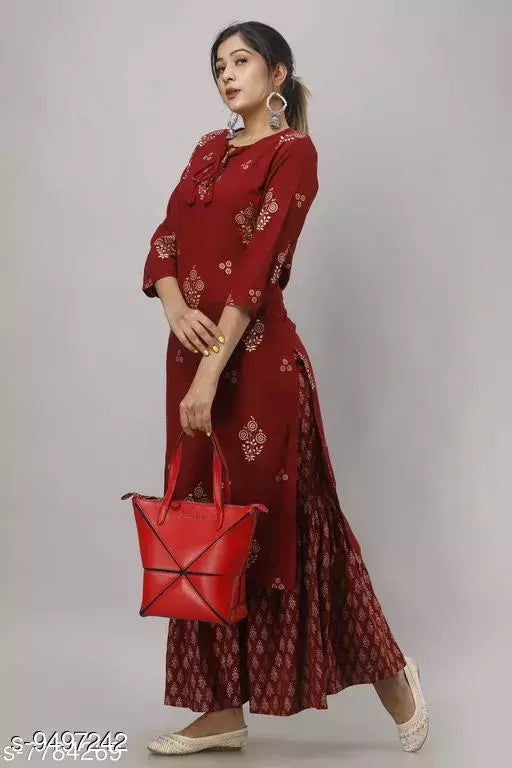 Women's Printed Rayon Kurta Set with Sharara