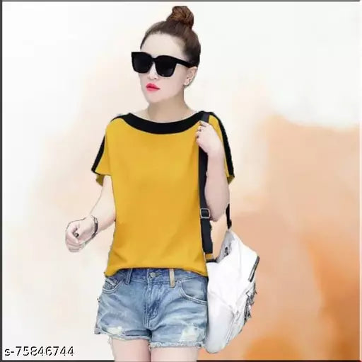 Vivient Mustard Colour Black Shoulder T-Shirt