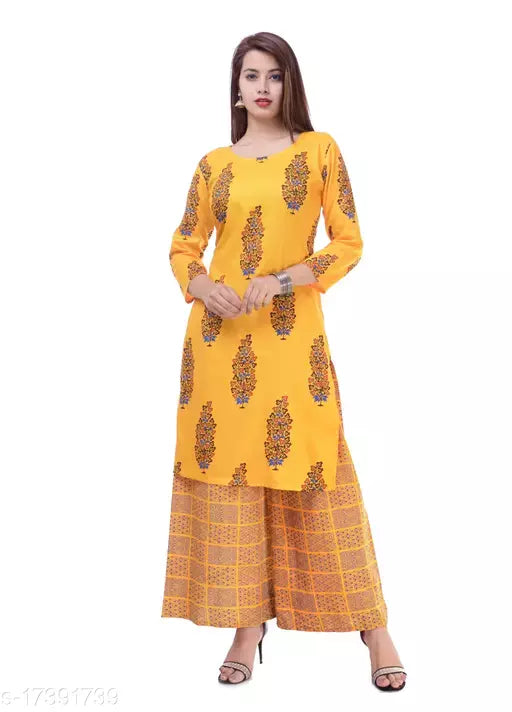 Mialo yellow bhutta print kurta with plazzo.