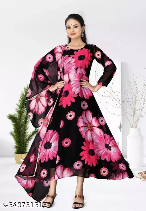 Discover Elegant Georgette Fabric Black Color Maxi Dress Gowns with Matching Dupatta Sets for Women in our Exquisite Collection
