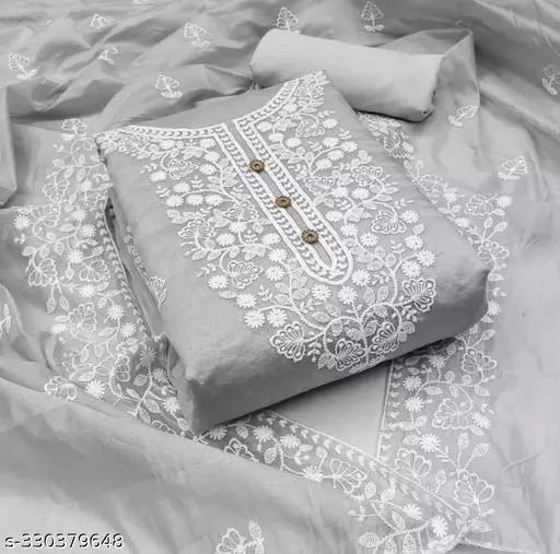 Aayegi Sensationable Trendy Grey Chanderi Cotton Unstiched Chudidar Patiala Punjabi ChainStich Work Embroidered Party Wear Salwar Suits & Dress Materials