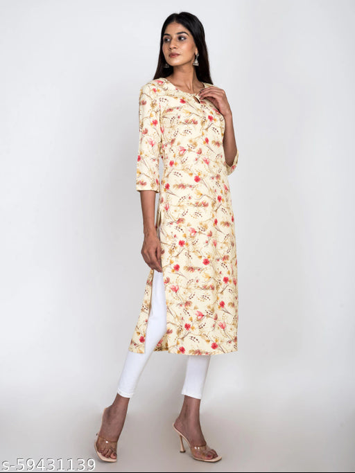 Swasti Women Floral Print Printed Poly Crepe Straight Kurta (Yellow)