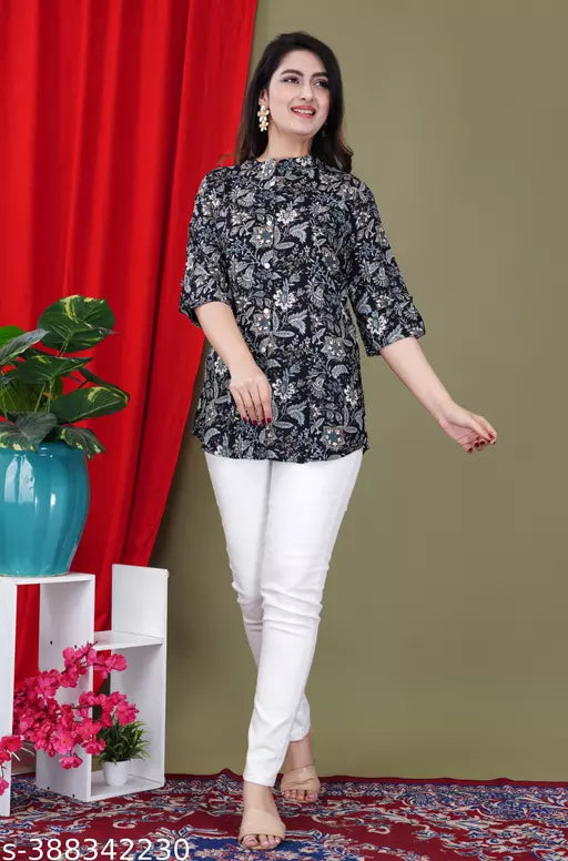 Womens fashion Floral Printed attractive Navy Blue Red flower Rayon Top top shirt style top for women with three quarter sleeves western top for women and girls Cotton/Rayon top Top Top for summer for women top on jeans top n tunic