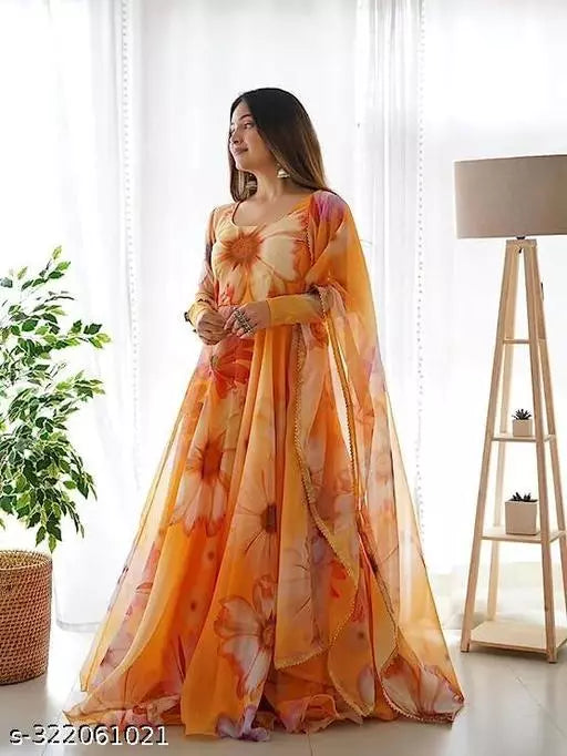 QVAZOR Stylish Fancy Trendy Printed Georgette Gown For Women For Party Wedding Festival Functions