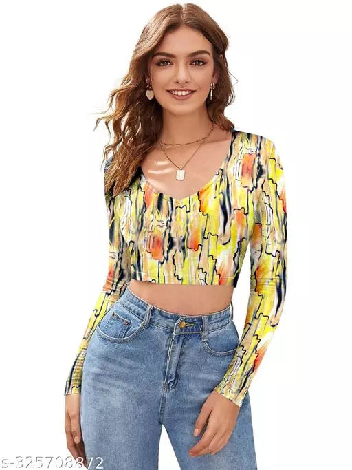 Western Printed V_ Neck Crop Top