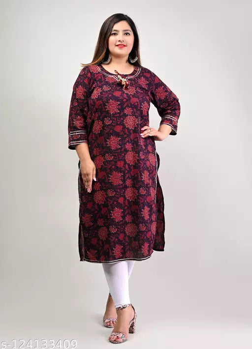 Swasti Plus Size Women Printed Pure Cotton Straight Kurta (Maroon)