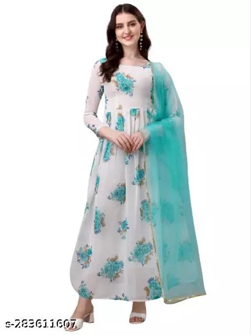 QVAZOR Stylish Fancy Trendy Printed Georgette Gown For Women For Party Wedding Festival Functions