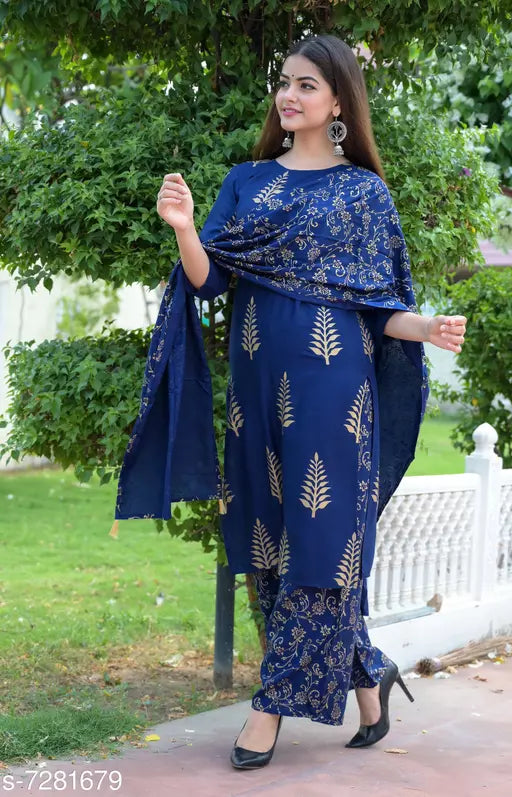 Women Rayon Straight Printed Long Kurti With Palazzos And Dupatta