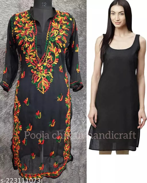Woman s Chikankari Embroidered Aari Work Georgette Long kurti.