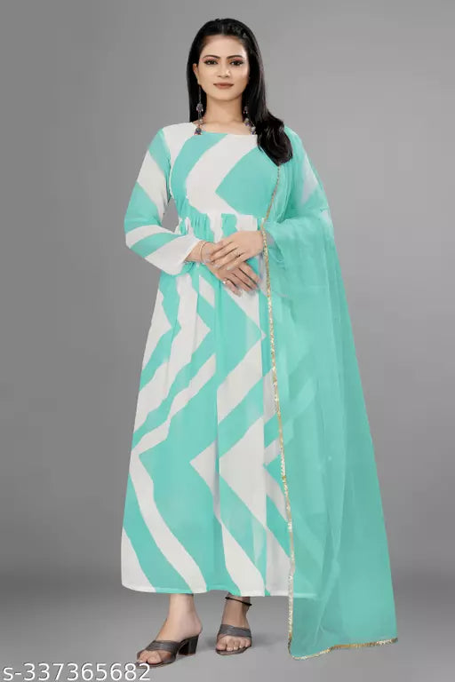 QVAZOR Stylish Fancy Trendy Printed Georgette Gown For Women For Party Wedding Festival Functions