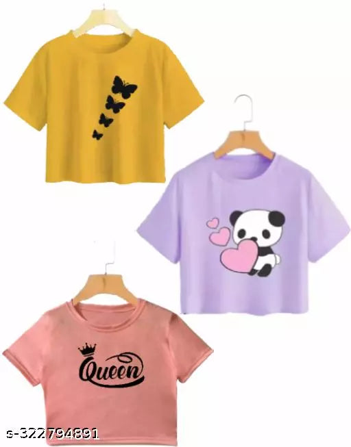 Trendy Feminine Printed Crop Tshirt Round Neck Top For Womens (Combo 3)