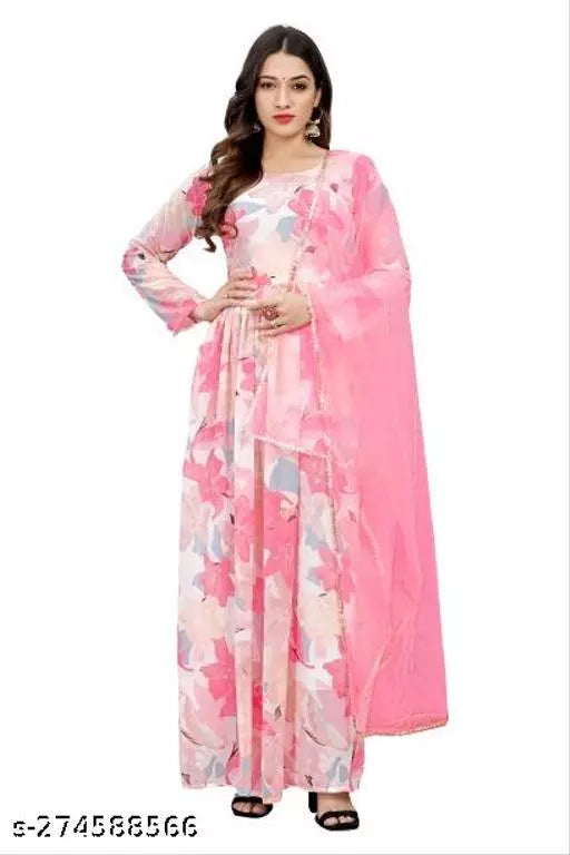 QVAZOR Stylish Fancy Trendy Printed Georgette Gown For Women For Party Wedding Festival Functions