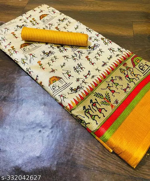 WARLI PRINTED KHADI SILK BLENDED LIGHT WEIGHT COMFERTABLE WEAR DESIGNER SAREE WITH BLOUSE