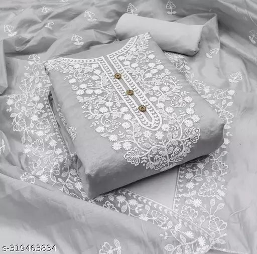 Grey Chanderi Cotton Unstiched Chudidar Patiala Punjabi ChainStich Work Embroidered Party Wear Salwar Suits & Dress Materials