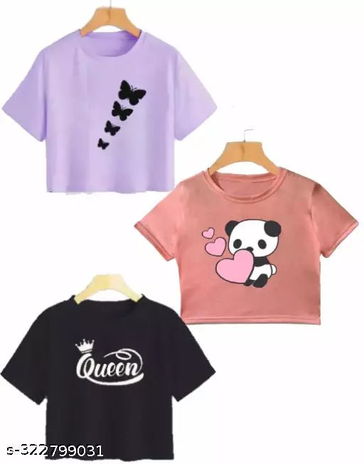 Trendy Feminine Printed Crop Tshirt Round Neck Top For Womens (Combo 3)