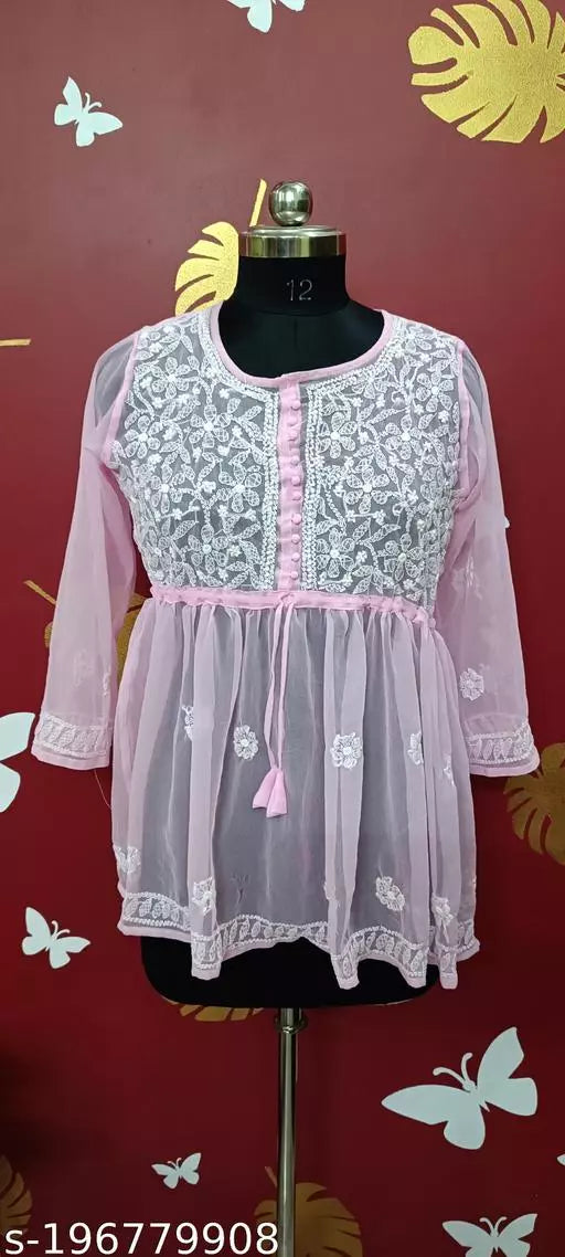 Handwork Embroidere Chikankari Chiffon Short Frock kurti .
