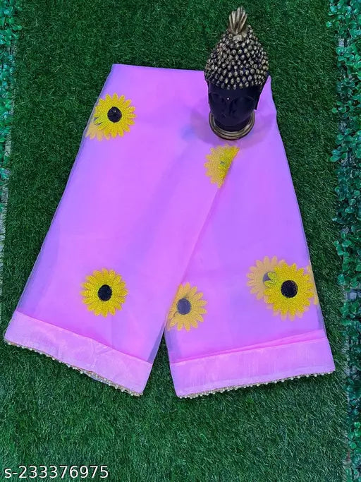 Under 399 Designer Printed Embroidered Sunflower Net Sarees Pink Colours Daily Wear Sarees
