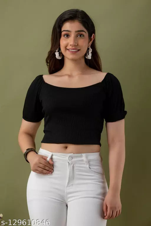 Mialo fashion ribbed knitted top with puff sleeves.