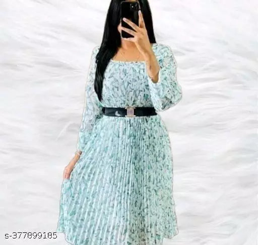 Jkp Collections Women & Girl Casual Dress Floral Print Georgette Fabric Knee Lenth In Color Tota Green