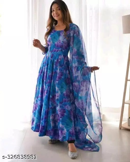 WOMEN ORGANZA LONG GOWN WITH LACE BORDER DUPTTA