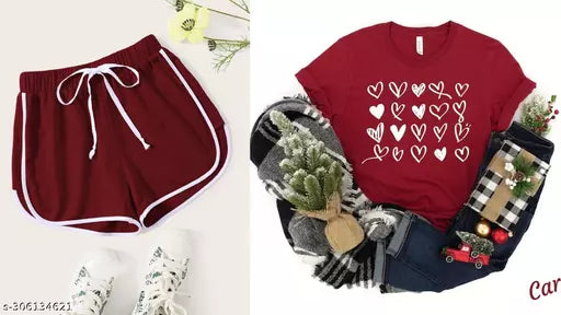 Vivient Women Maroon Shorts and Maroon Hearts Printed T-Shirt Combo